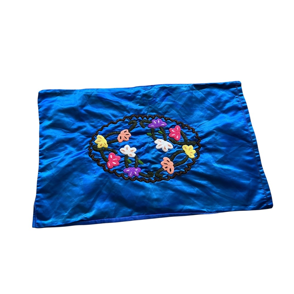 Handmade Blue Pillowcase 3D Tufted Floral‎ Design 25x19 As Is